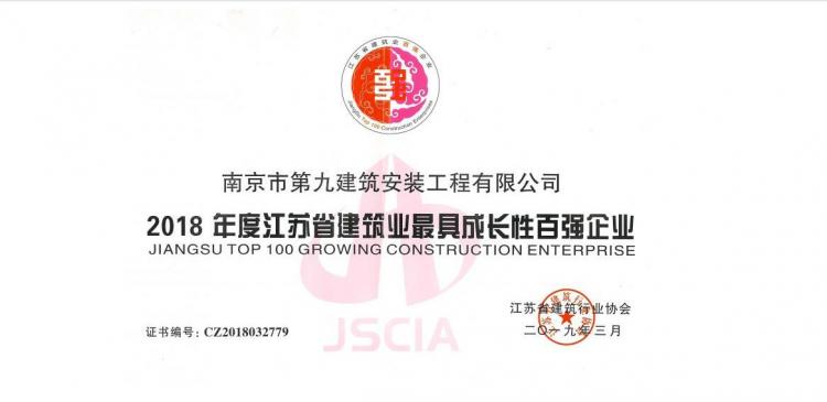 江蘇省建筑業(yè)最具成長性百強企業(yè)-2018